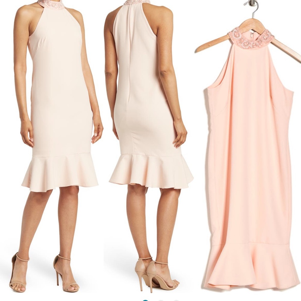 NWT Marina Beaded Halter Midi Dress Ruffle Hem Petal Pink Size 6